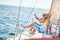 Happy lovers relaxing on a luxury yacht. couple on cruise