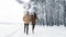 Happy Lovers Running Through Winter Forest Holding Hands, Panorama