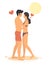 Happy loving couple hugging on beach. Romantic vacation, summer beach holiday, honeymoon, vector illustration.