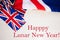 Happy Lunar New Year. British holidays concept. Holiday in United Kingdom. Great Britain flag background