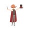 Happy magician standing with top hat and magic wand in hands. Man with big moustached, dressed in costume and red cloak