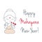 Happy mahayana new year- cute buddha blowing kissed with greeting