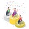 Happy male athletes in wheelchairs with gold trophy cup, medals on winner podium, flat vector isometric illustration.