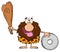 Happy Male Caveman Cartoon Mascot Character Holding A Club And Showing Wheel