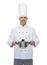 Happy male chef cook holding pot
