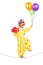 Happy male clown walking on a rope with bunch of balloons and pr
