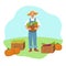 Happy male farmer holding basket with vegetables. Useful and tasty local foods. Design concept of private farm. Vector