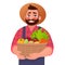 Happy male farmer holding a basket with vegetables. Useful and tasty rustic foods. Design element of a private farm