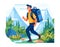 Happy male hiker trekking through mountains, lush forest background, nature adventure. Young man