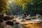 Happy male hiker trekking outdoors in forest near river