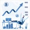 Happy male investor or trader on modern workplace. Fast growing bitcoin chart, financial profit. Successful investments