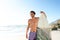 Happy male surfer standing with his board at the beach