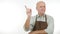 Happy Man With Apron Attention Sign a Warning Hand Gestures