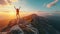 Happy man with arms up jumping on the top of the mountain - Successful hiker .celebrating success on the cliff