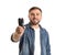 Happy man with breathalyzer on white background