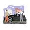 Happy man car owner and driver fixing, washing his auto with water hose, flat vector illustration