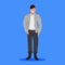 Happy man in casual clothes standing pose guy with hands in pockets male cartoon character full length flat blue