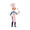 Happy man in chef hat and apron holding turner