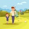 Happy Man with Clubs Bag Leading Boy to Play Golf