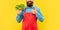 Happy man crop view giving thumb holding fresh leaf lettuce yellow background, greengrocery