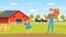 Happy Man Farmer with Daughter at Village Holding Basket with Ripe Fruit Vector Illustration