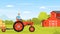 Happy Man Farmer Driving Tractor with Hay Bale Vector Illustration
