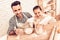 Happy Man with Flour on Face and Girl Cook at Home