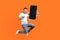 Happy man flying and jumping in air and showing big mobile empty screen