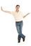 Happy Man Gesturing While Leaning Over White Background