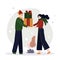 Happy man gives Xmas present to cute girl. Cartoon guy give holiday gift. Concept of celebrating new year, holiday and