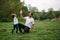 Happy man and his child having fun outdoors. Family lifestyle rural scene of father and son in sunset sunlight. concept of a happy