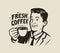 Happy man holding a cup of fresh coffee. Retro vector illustration