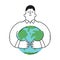 Happy man hugging earth planet. Outline, linear, thin line, doodle art.
