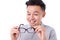 Happy man with improved vision with eyeglasses