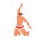 Happy man jumping up, joyful with summer vacation. Young excited cheerful energetic guy in sunglasses, swimwear, beach