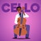 Happy man playing cello music instrument, poster template - flat vector illustration.