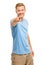 Happy man pointing - portrait on white background