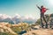 Happy Man with red backpack jumping hands raised