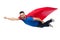 Happy man in red superhero cape flying on air