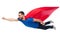 Happy man in red superhero cape flying on air