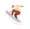 Happy man riding snowboard. Snowboarder jumping up and holding snow board with hand. Extreme winter sport. Flat vector