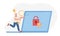 Happy Man Run with Huge Key in Hands and Glowing Light Bulb above Head to Laptop with Padlock and Shield on Screen