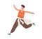 Happy man running for sale. Colorful scene of male character in a hurry. Teenager moving in rush. Flat vector cartoon