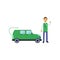 Happy man seller cartoon character standing with hand up and showing electric car, clean world concept