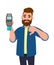 Happy man showing / holding credit / debit card inserted POS terminal payment card swipe machine and gesturing thumbs down sign.