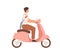 Happy man sitting on modern motor scooter. Side view of businessman in shirt and tie driving moped. Flat vector