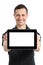 Happy man smiling showing a blank tablet app