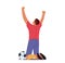 Happy Man Soccer Player Celebrating Win After Goal Stand on Knees with Ball and Raised Hands Rear View Character Rejoice