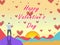 Happy man stand on top of mountain with falling heart and happy valentine`s text.