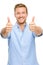 Happy man thumbs up sign full length portrait on white background